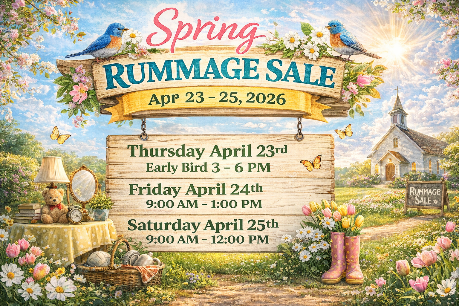 Spring Rummage Sale. Apr 23 - 25, 2026